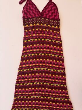 Zara Halter Knit Maxi Dress in Berry Pink and Yellow